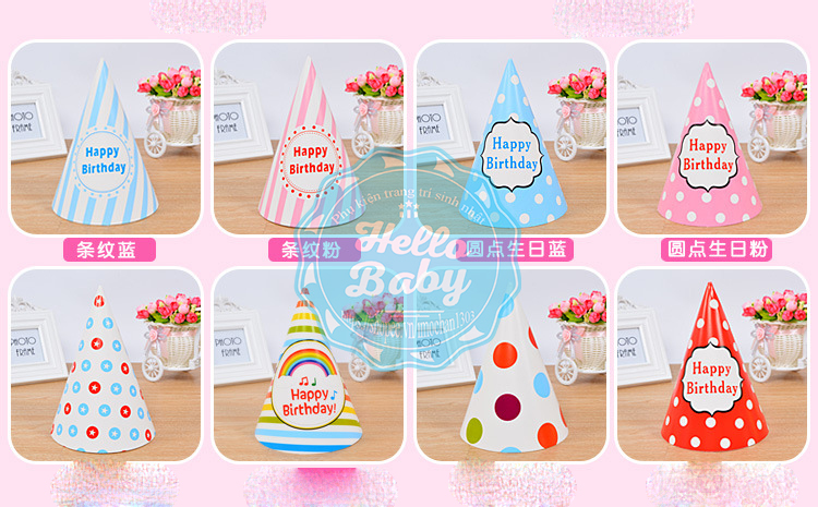 Set 5 mũ giấy sinh nhật (20cm) - Hello Baby