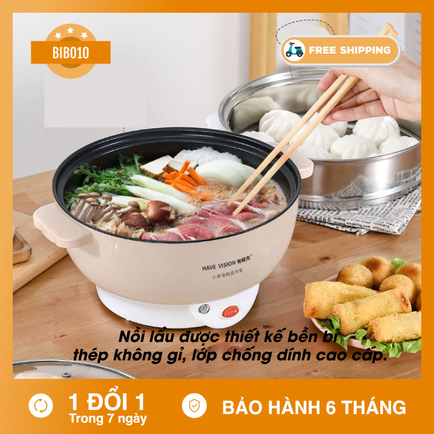 Nồi Lẩu Điện Mini, Nồi Lẩu Hấp, Nồi Lẩu Mini, Noi nau dien mini, lẩu điện đa năng chống dính khay hấp có thể xào nấu+ tặng kèm bộ bát đũa thìa nhựa . Bảo hành bởi BIBO10