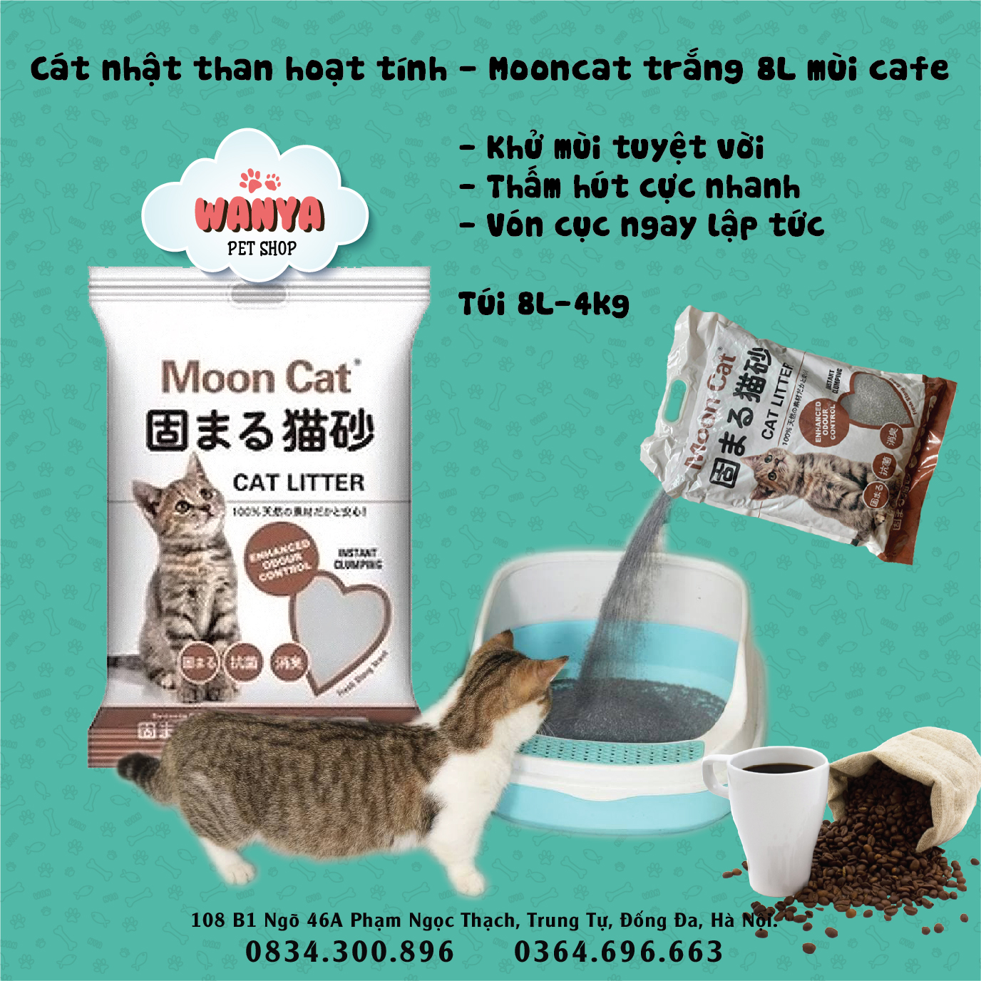 Cát nhật than hoạt tính - Mooncat trắng 8L mùi cafe Wanya Pet Shop