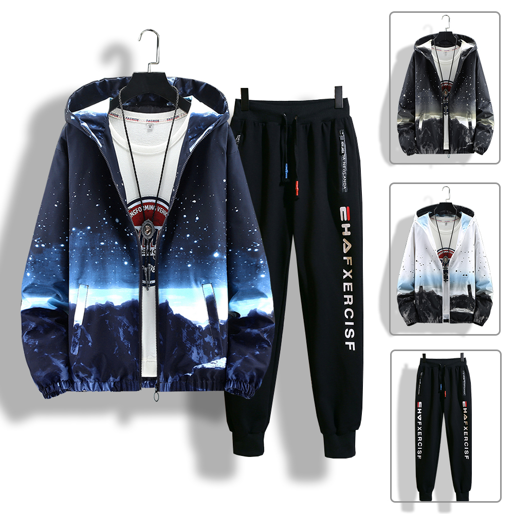 Bộ Quần Áo Nam  Mẫu Mới Hot Trend Năm 2024 Áo Khoác Nhẹ Nam Phối Hoạ Tiết Phong Cảnh Thiên Nhiên Kết Hợp Quần Jogger Thời Trang FASHION4MENHCM SET 90000131