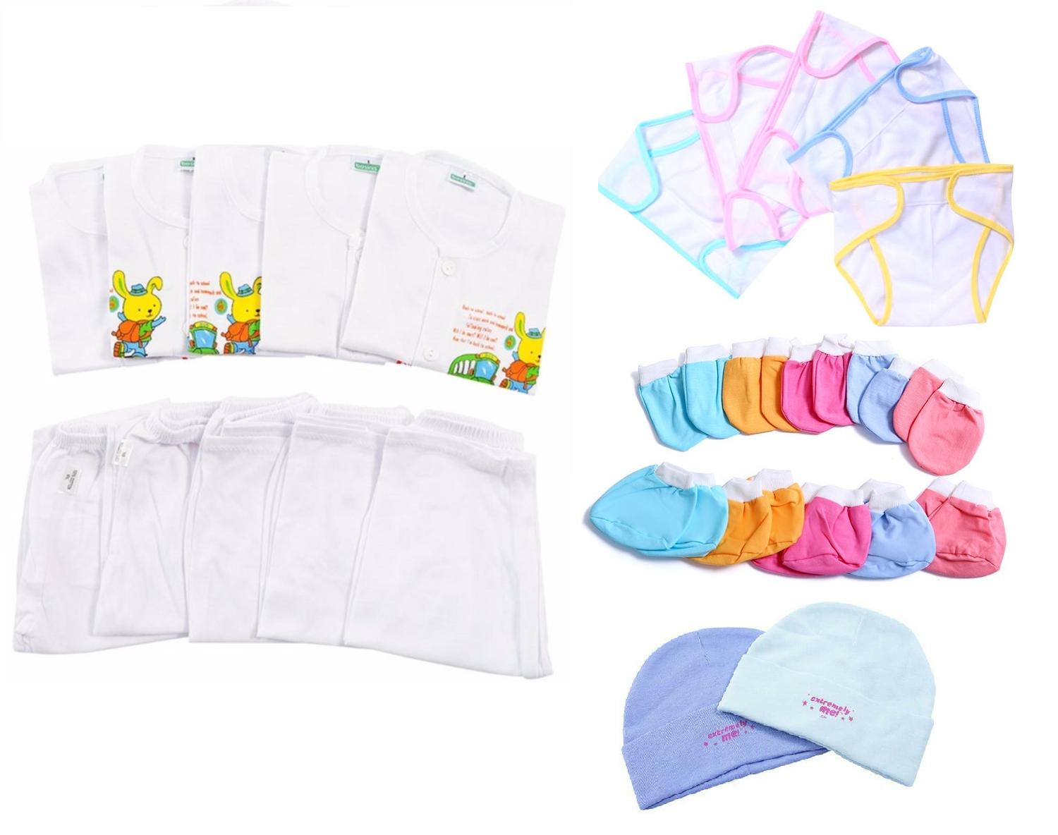 [TẶNG VÒNG DÂU TẰM ] Combo 27 Món Đồ Dùng Cho Bé Sơ Sinh Cao Cấp (5 Áo nút giữa tay ngắn + 5 Quần + 10 Bao Tay Chân + 2 Nón + 5 Tã)
