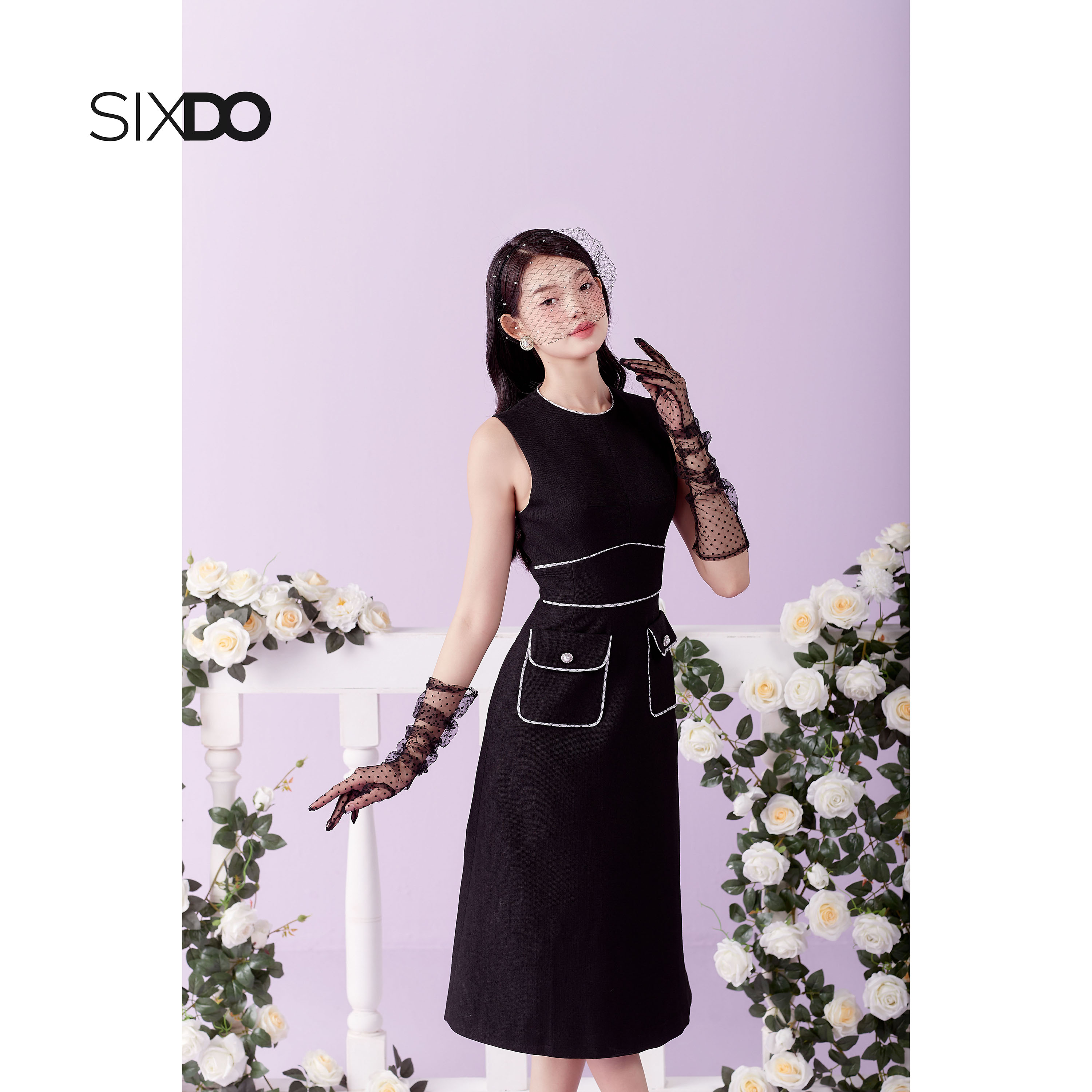 Đầm midi thô sát nách phối túi thời trang SIXDO (Black Midi Raw Dress With Pockets)
