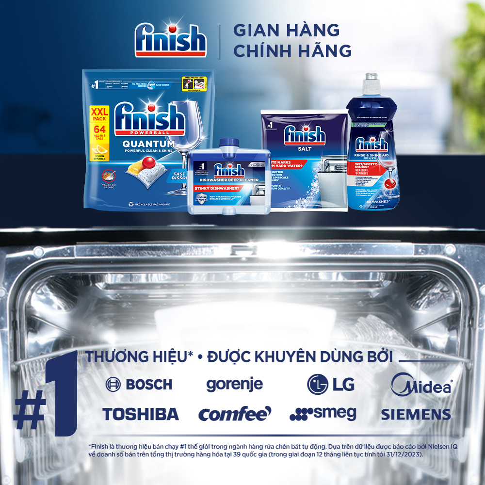 Combo 3 Viên Rửa Chén Bát Finish Powerball Quantum Powerful Clean & Shine 64 viên