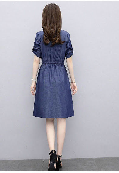 [HCM]ĐẦM JEAN XOÈ EO RÚT CỔ V