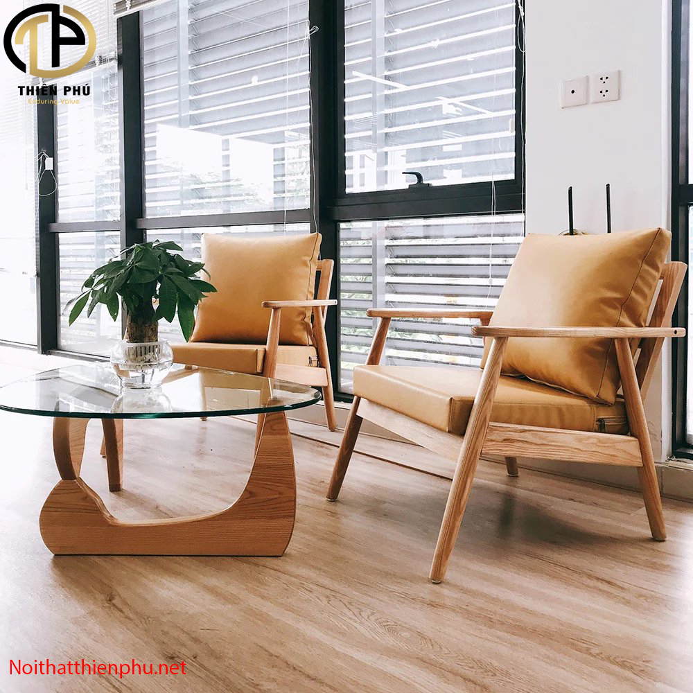 Bàn trà sofa chân gỗ Noguchi mặt kính