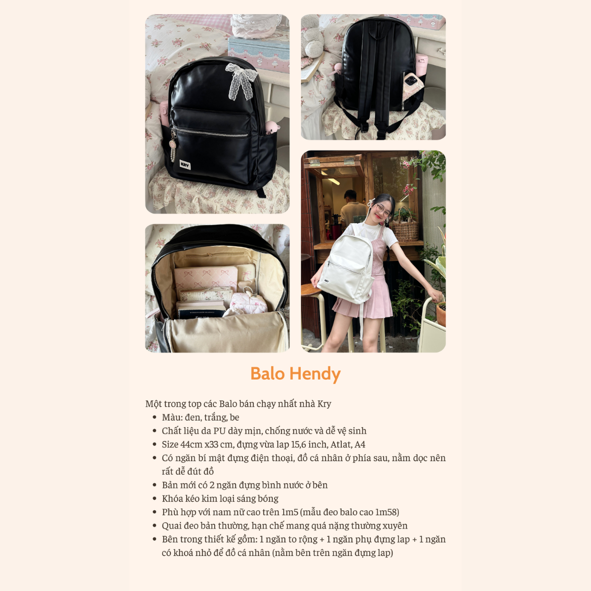 Balo da Kry Hendy Backpack vừa lap 15,6 inch BL10