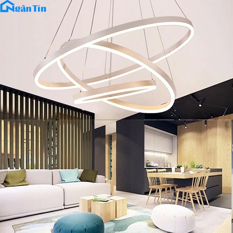 Đèn thả trần led tích hợp 3 vòng trang trí phòng khách bàn ăn Led 3 chế độ màu TH822 Ngân Tín