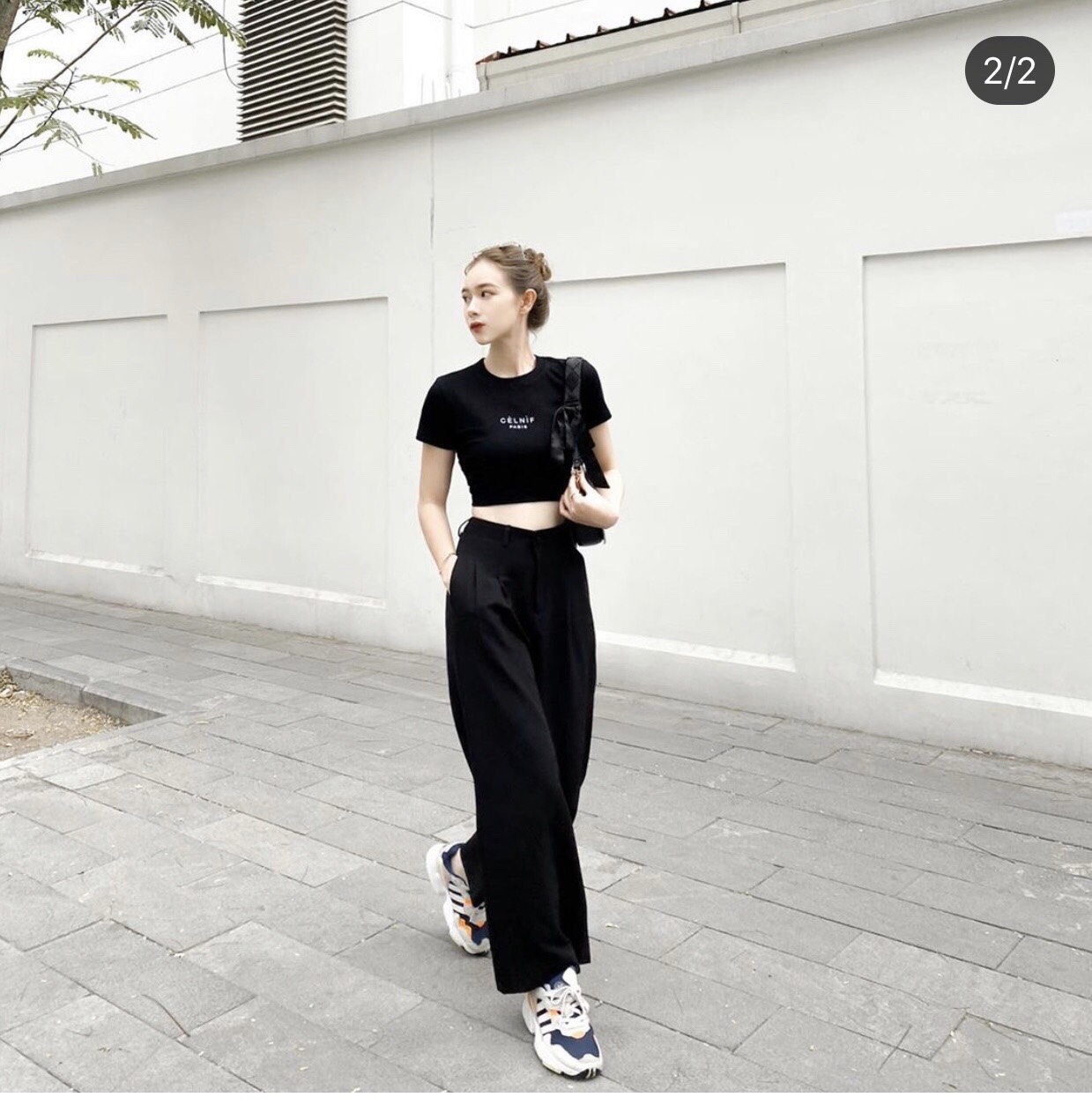 Quần ống rộng suông đen lưng cao 2 khuy
