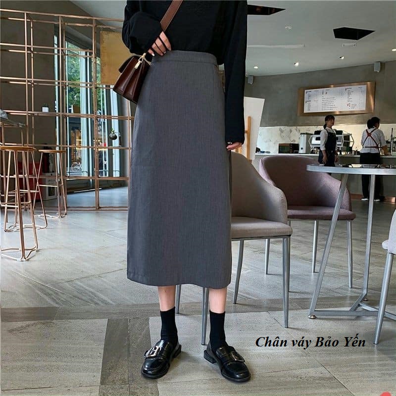 Chân váy midi A màu xám cạp khóa xẻ sau
