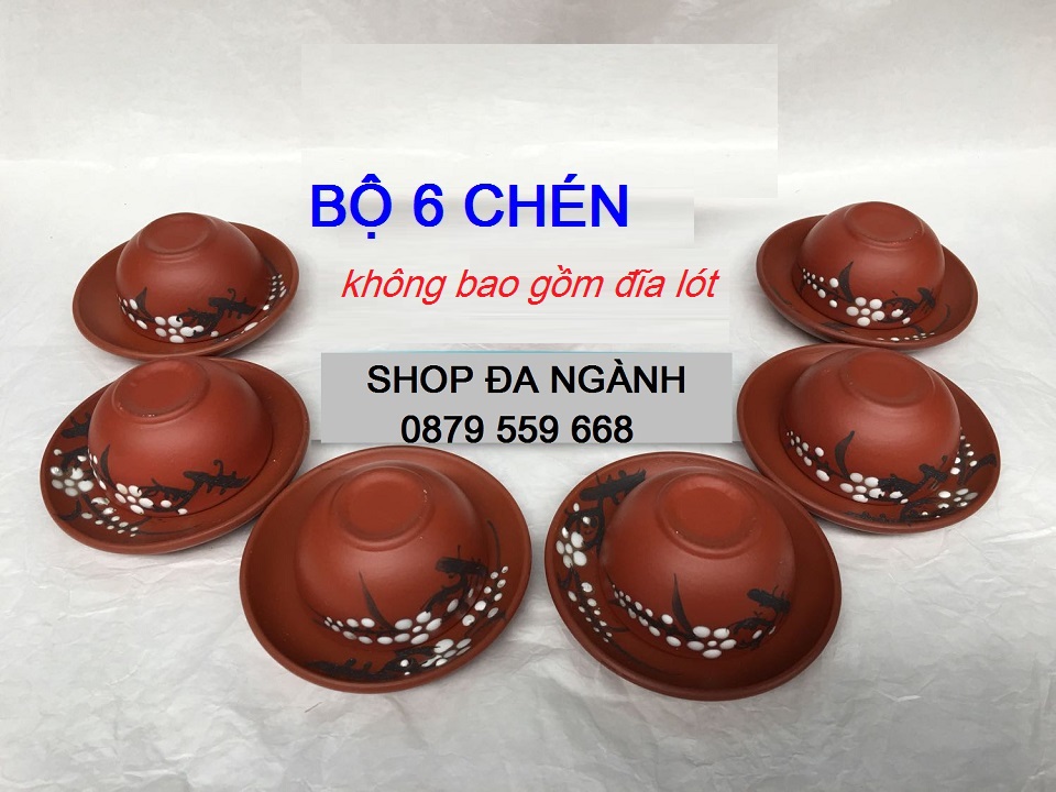 Bộ 6 chén gốm tử sa hoa đào, không đĩa lót