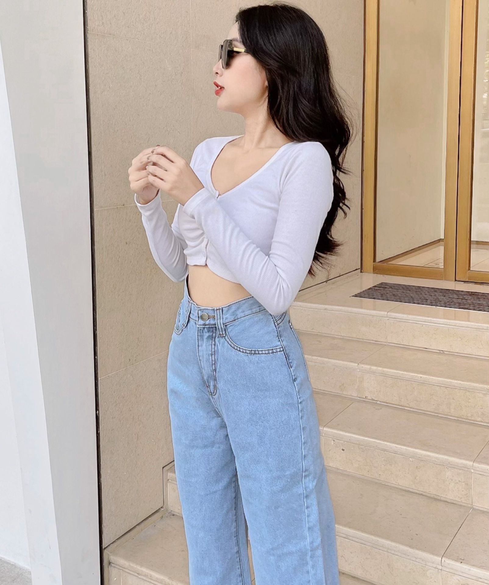 QUẦN JEANS ỐNG RỘNG NỮ LƯNG CAO TRƠN MÀU XANH NHẠT CAO CẤP HADI LAI CUỐN ĐỈNH CAO THỜI TRANG PHÁ CÁCH HOT HIT