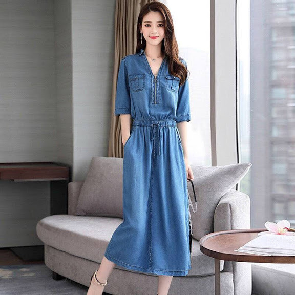 ĐẦM JEAN CỔ SƠ MI 2 TÚI
