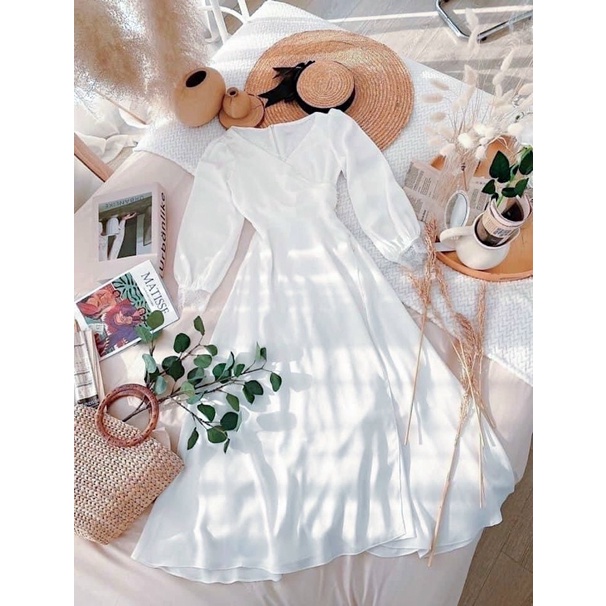 ĐẦM TRẮNG TAY DÀI, VIỀN REN, NÚT EO (có ảnh thật) MS123