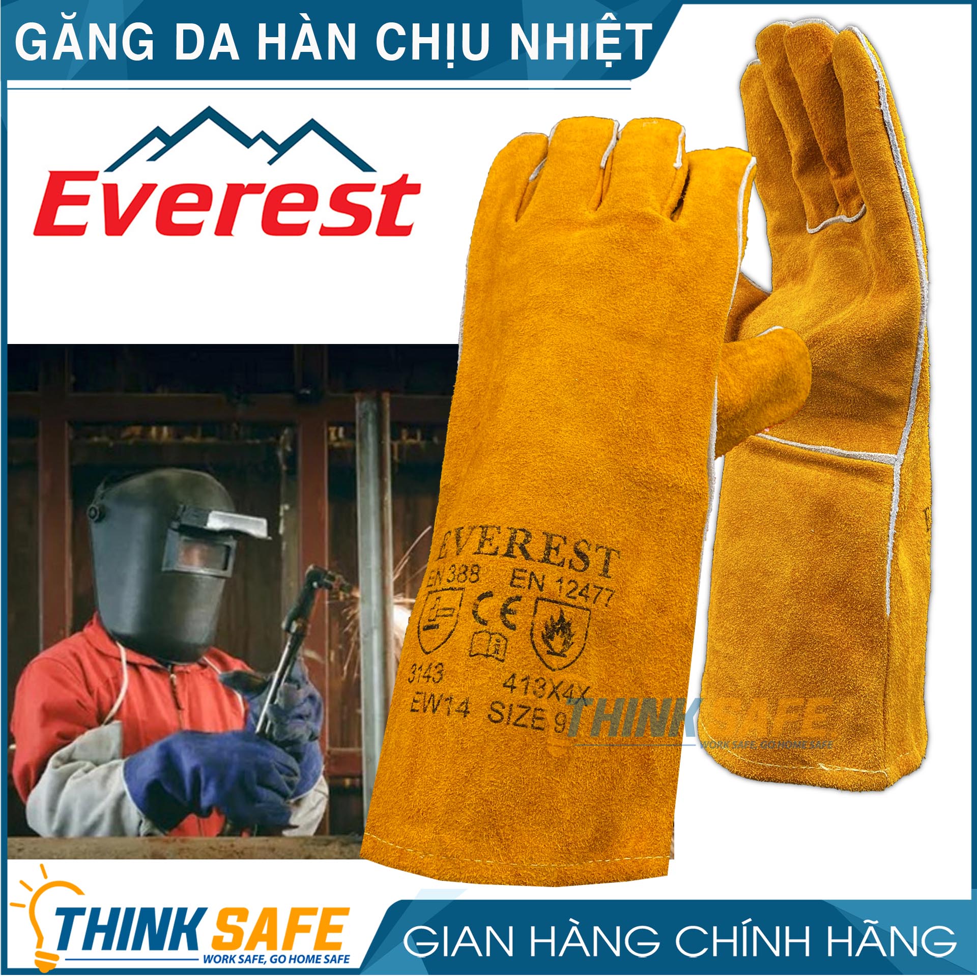 Găng tay chịu nhiệt Everest EW14 dùng cho thợ hàn, chống cháy tia lửa, dùng hàn que, cơ khí đa năng Bao tay - Thinksafe
