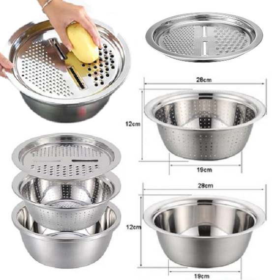 Bộ Rổ Inox Kèm Nạo Rau Củ Inox 3 Chi Tiết- Bộ Chậu- Rổ Inox Kèm Nạo Rau Củ Tiện Lợi - Kích Thước 28x10x12cm- Bộ Rổ Chậu Kèm Nạo Đa Năng Tiện Lợi