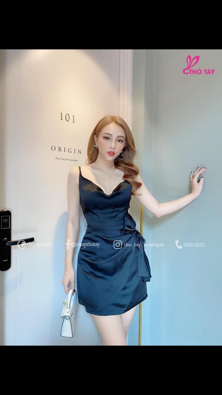 Đầm body 2 dây cổ đỗ nơ eo-QH