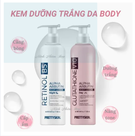 Kem dưỡng trắng da body Glutathione V10 Alpha Arbutin Body Lotion Prettyskin Retinol B5 Pretty Skin nâng tone 250ml