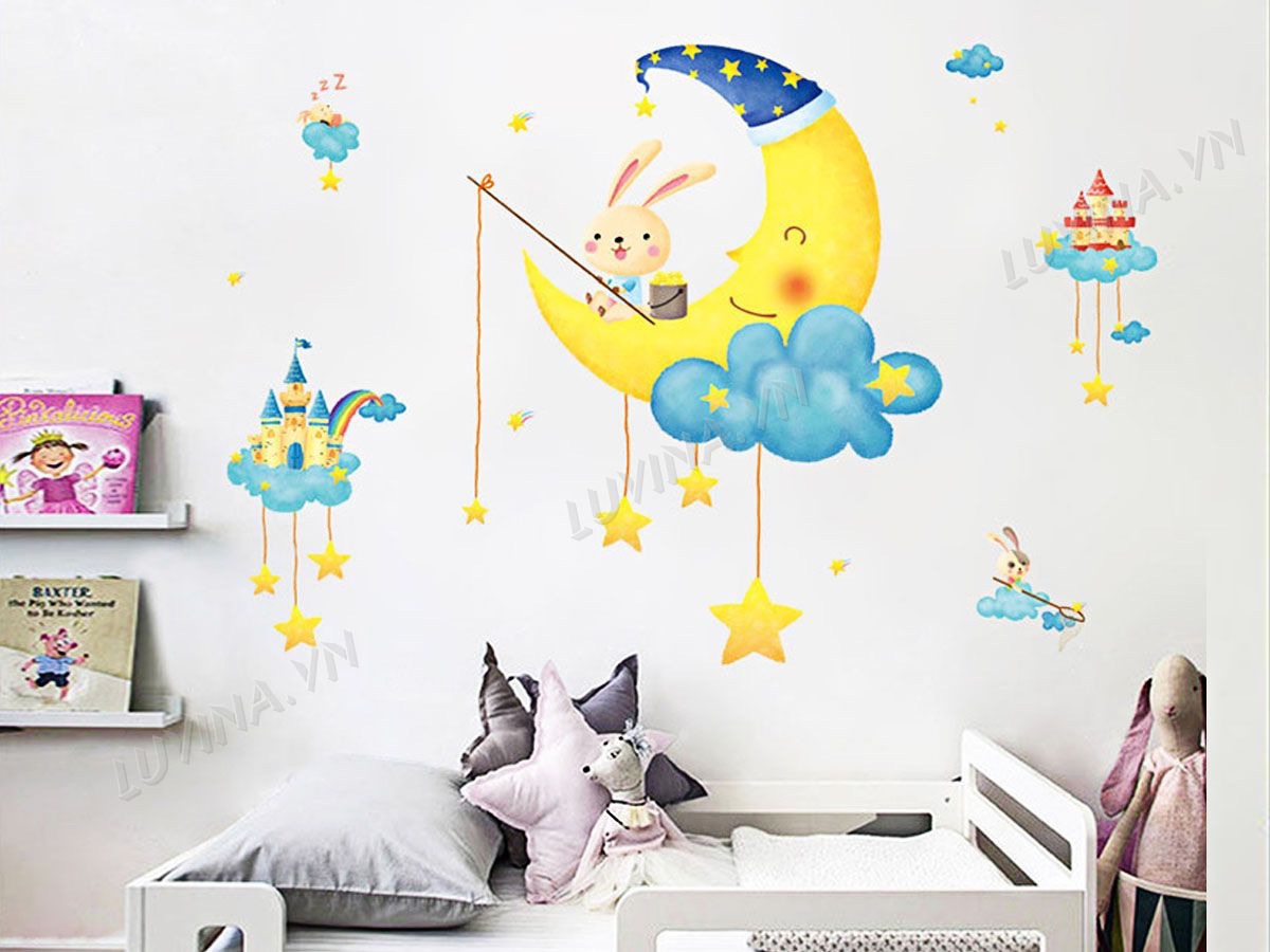 Decal tranh dán tường trăng thỏ câu sao