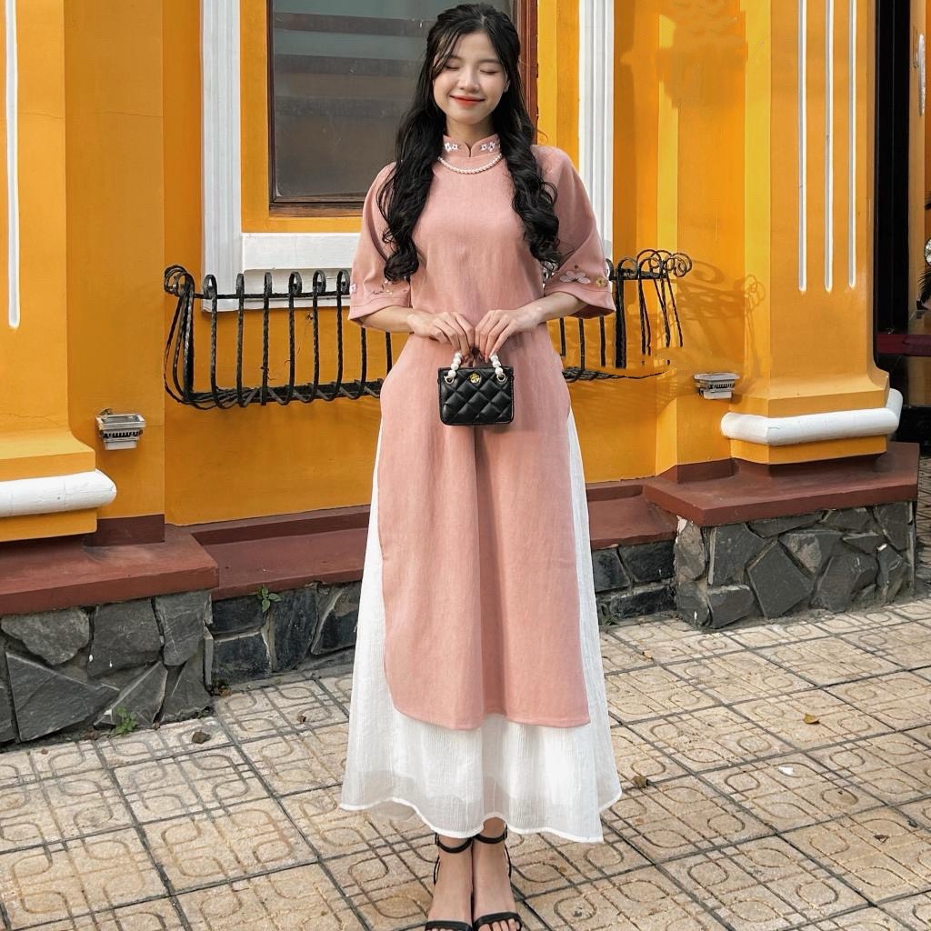 Sét áo dài cách tân nhung thêu hoa kèm chân váy voan tơ - 247storeFashion - Aodai1530_P13K17
