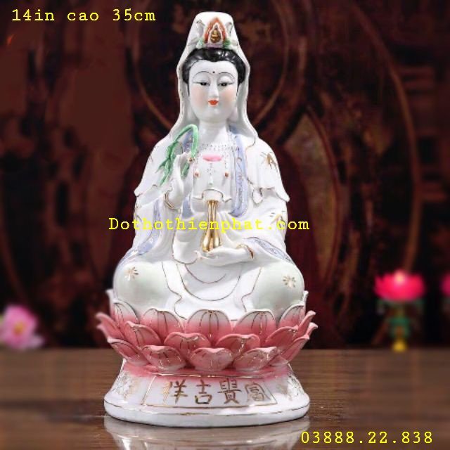 Tượng Quan Âm Sứ tòa sen hồng 14in cao 35cm