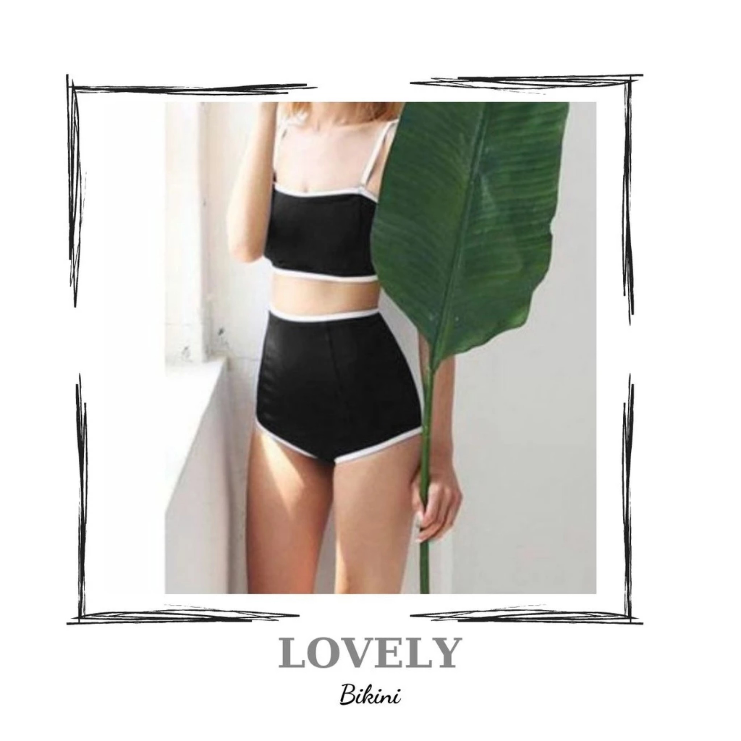 Bikini 2 mảnh quần cạp cao đen viền trắng