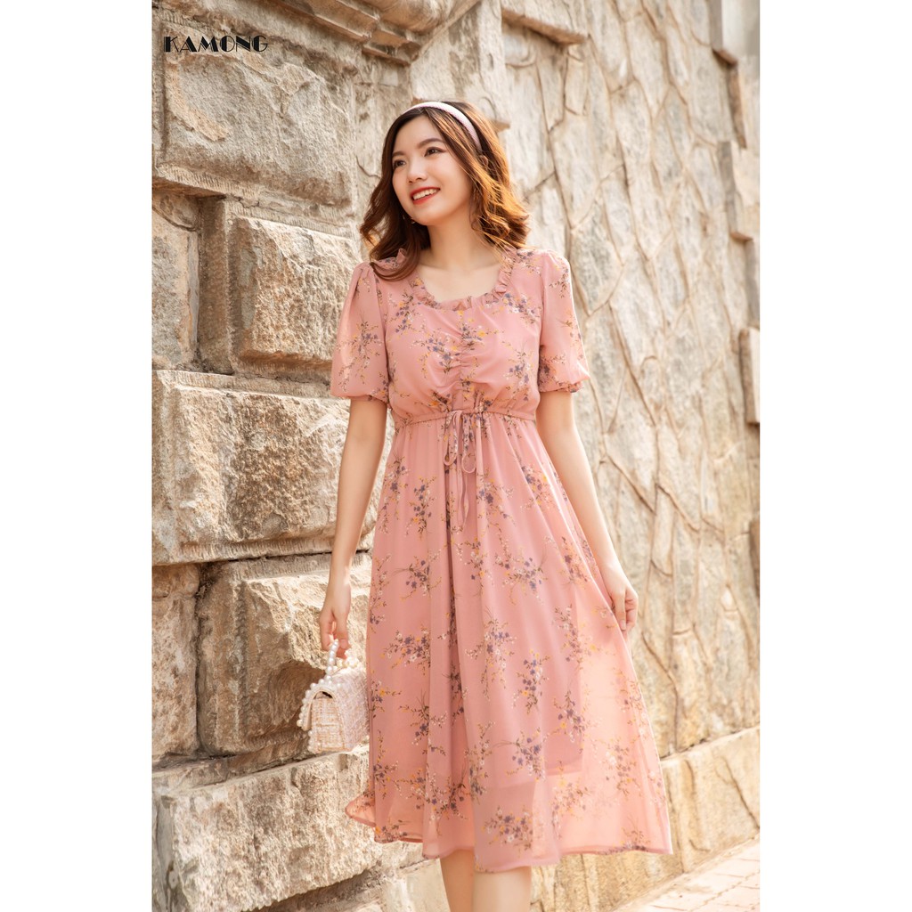 Đầm Hoa Cổ Vuông Rút Eo Kamong D139