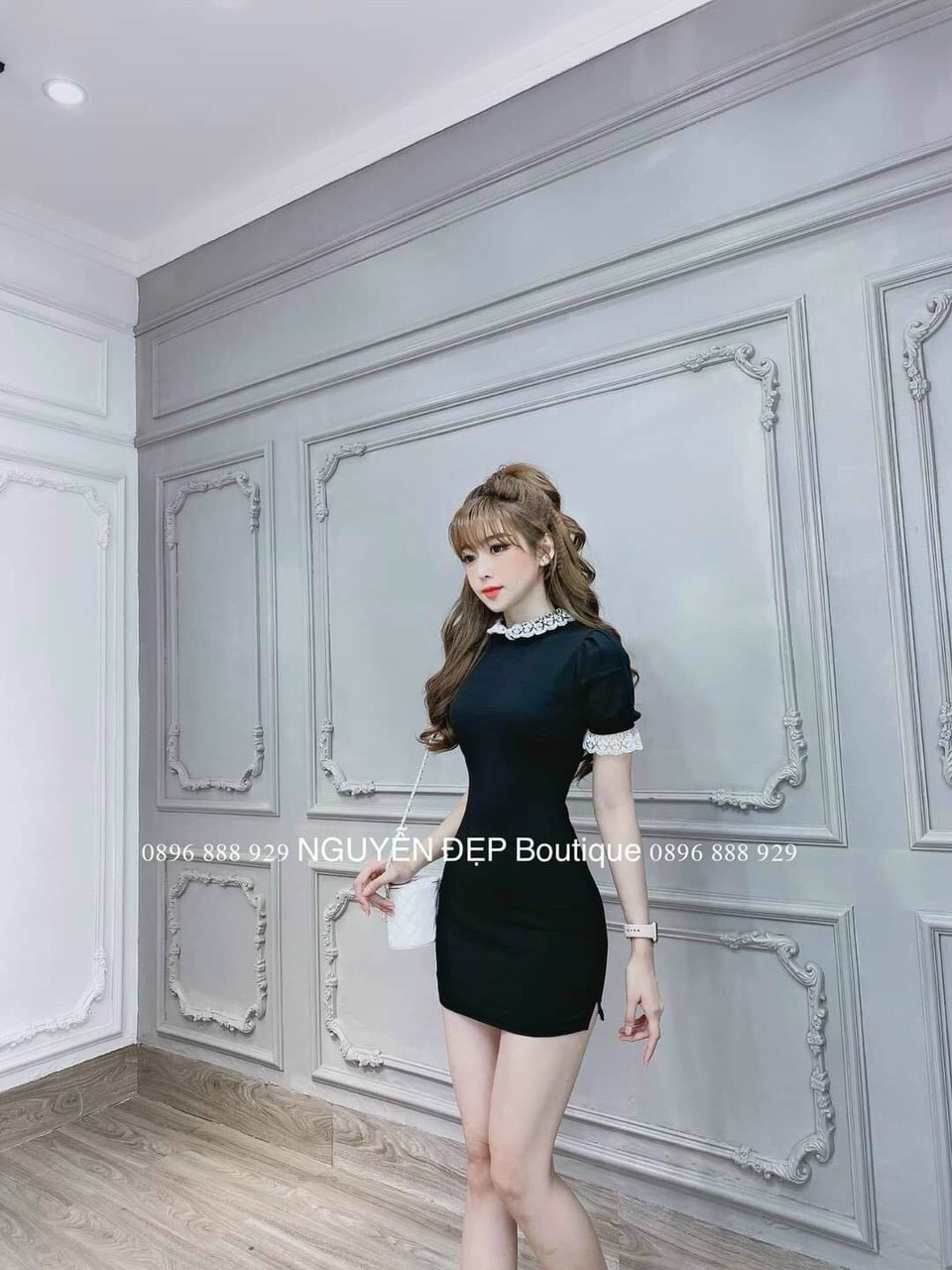 Đầm body cổ tròn tay ngắn phối ren.fashionlyly