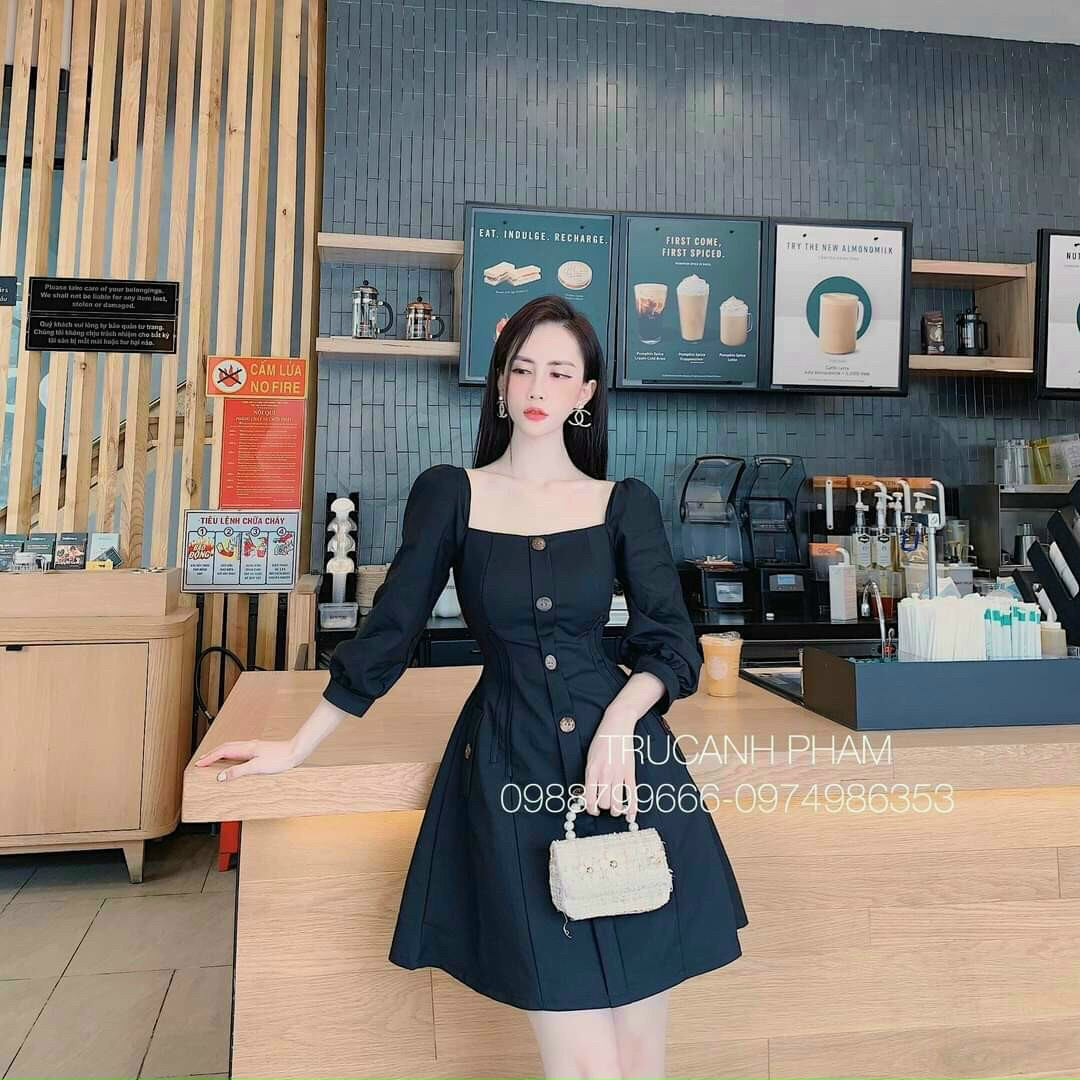 Đầm tay dài nút bọc-TH#damnu
