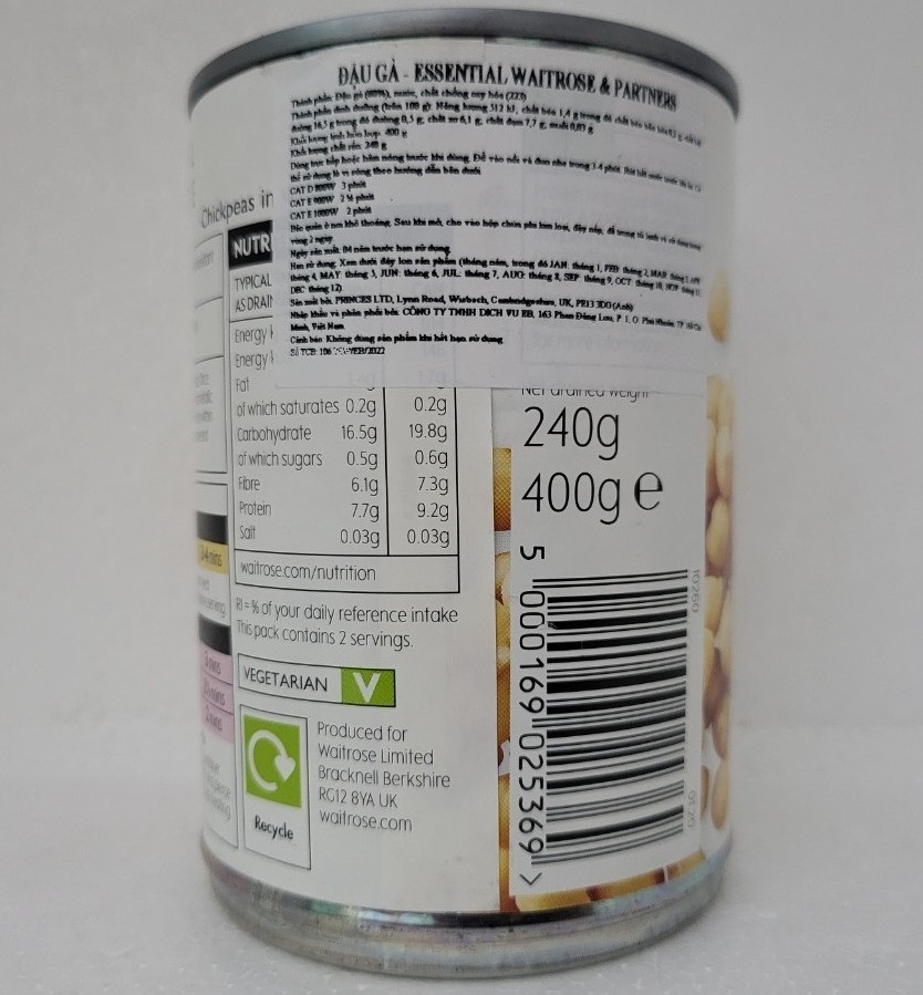 [Hộp 400g] ĐẬU GÀ (ĐẬU RĂNG NGỰA) [U.K] WAITROSE (Garbazo) Chick Peas (atp)