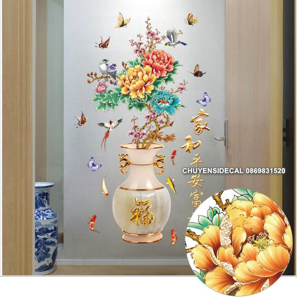 [HCM]Decal trang trí tường - Bình Hoa Mẫu Đơn Khoe Sắc Ngày Tết