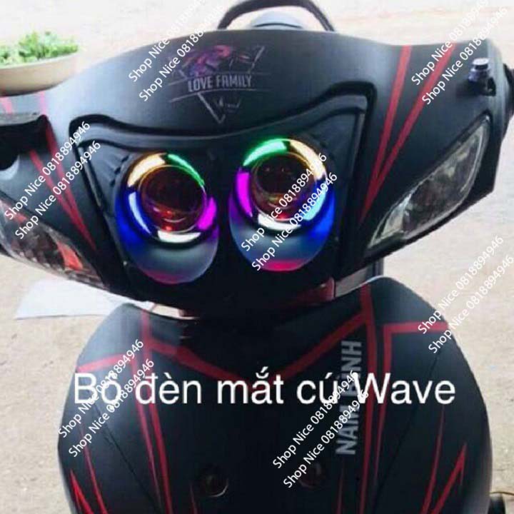 Pha đèn mắt cú xa máy Wave giá 1 bộ gồm chóa và 2 đèn mắt cú