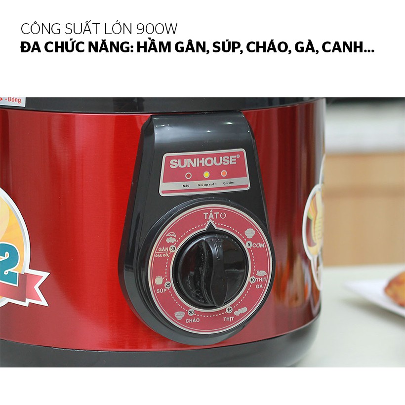 [Mã ELMALLCOIN hoàn 5% xu đơn 500K] Nồi áp suất điện đa năng SUNHOUSE SHD1552đỏ