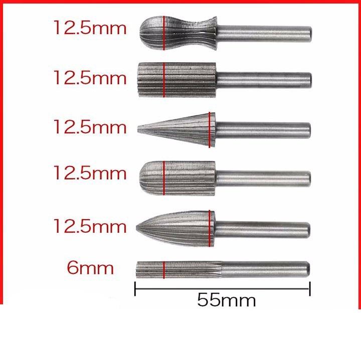 Bộ mũi mài phay gỗ Hss cốt 6ly (6x12mm) hay Mủi phay mài doa lỗ nhựa, kim loại, làm gỗ lũa Bonsai