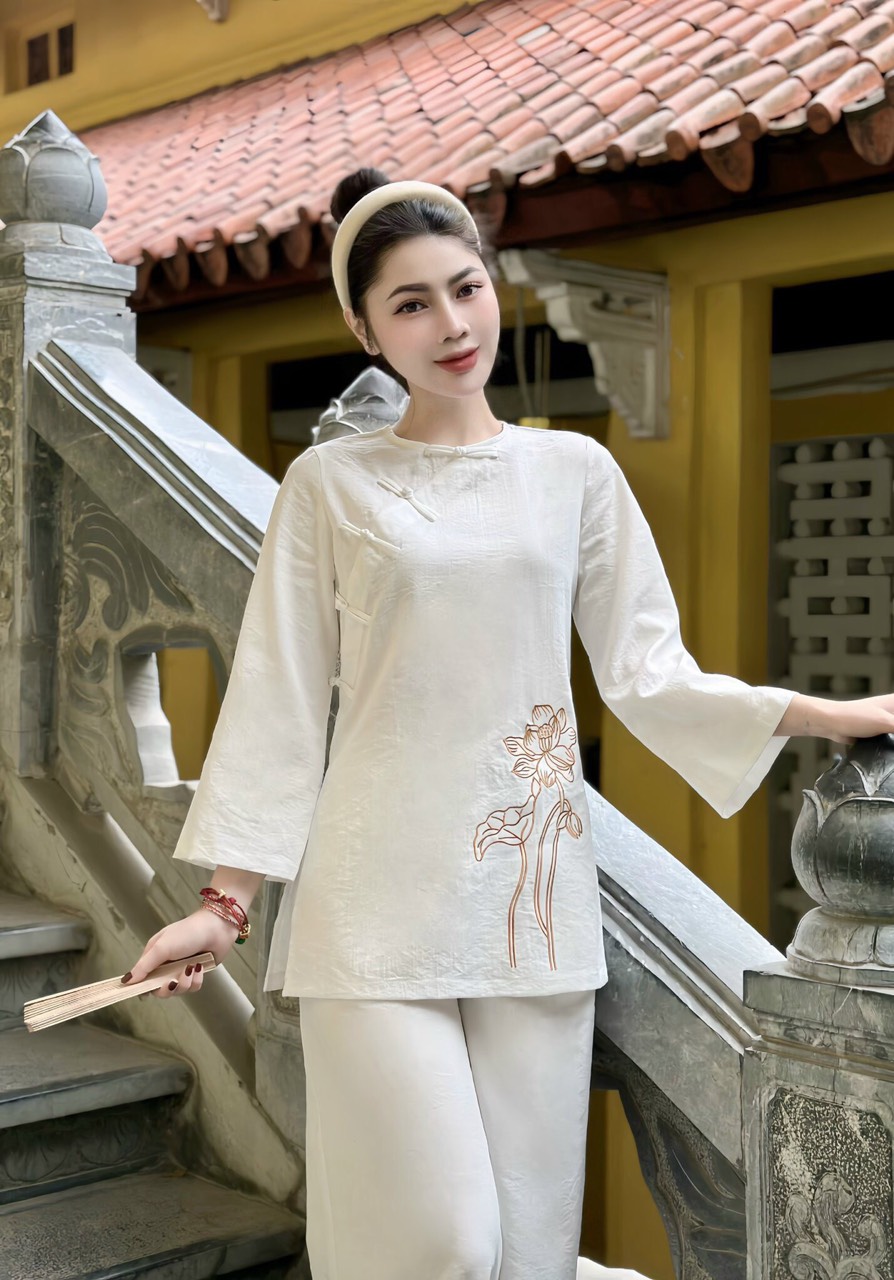 Bộ đồ lam đi chùa chất đũi xước thêu hoa sen - 247StoreFashion - SettheuhoaPP09_P0K37