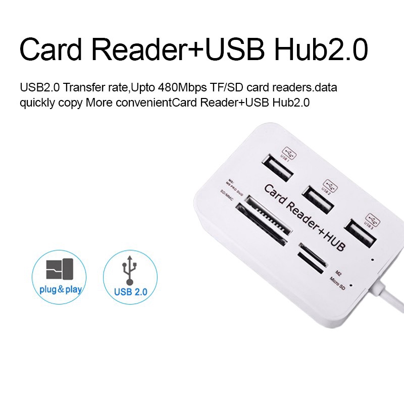 480 mbps5 Mbps Mini USB 2.0 Network Hub Card Reader High-Speed USB Hub COMBO with MS SD M2 TF Card Reader 3 Port USB Splitter for Laptop