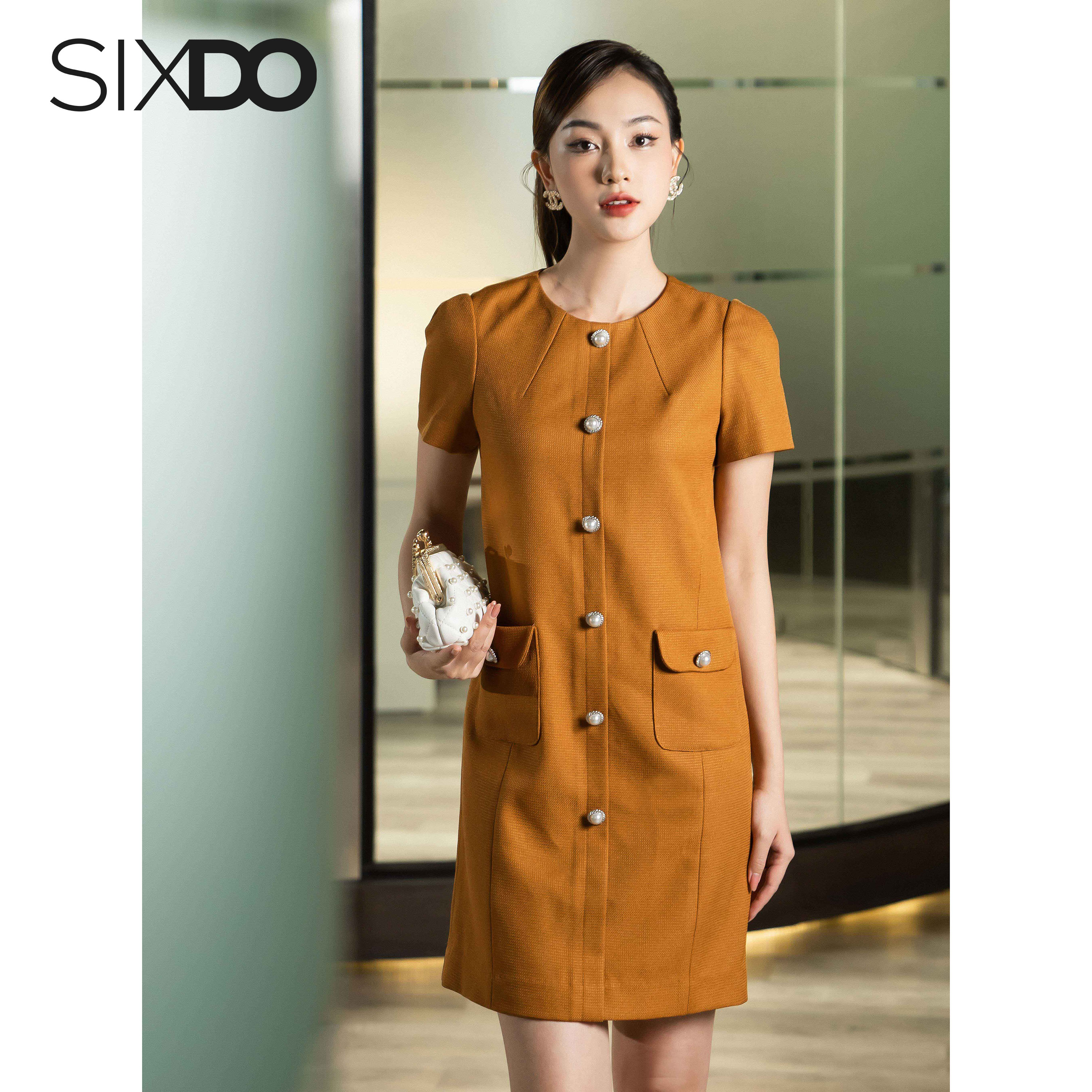 Đầm suông caramel phối túi SIXDO (Caramel Midi Raw Dress)
