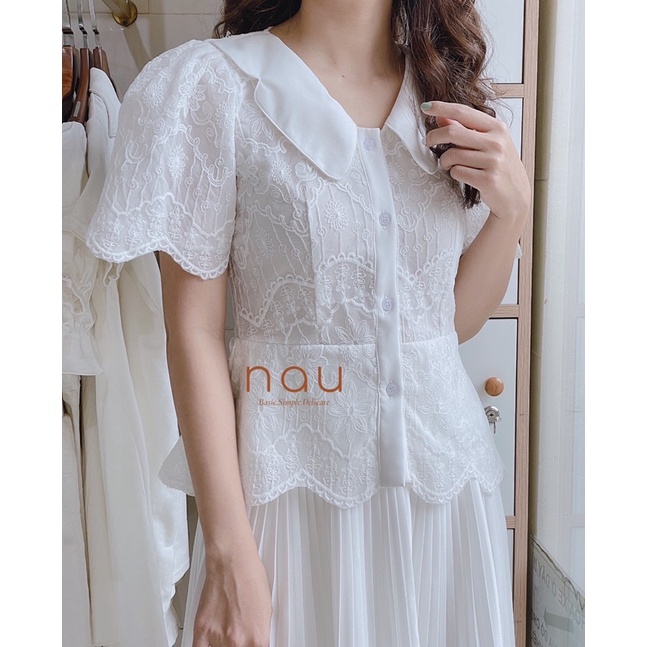 Set trắng áo ren chân váy dập li midi