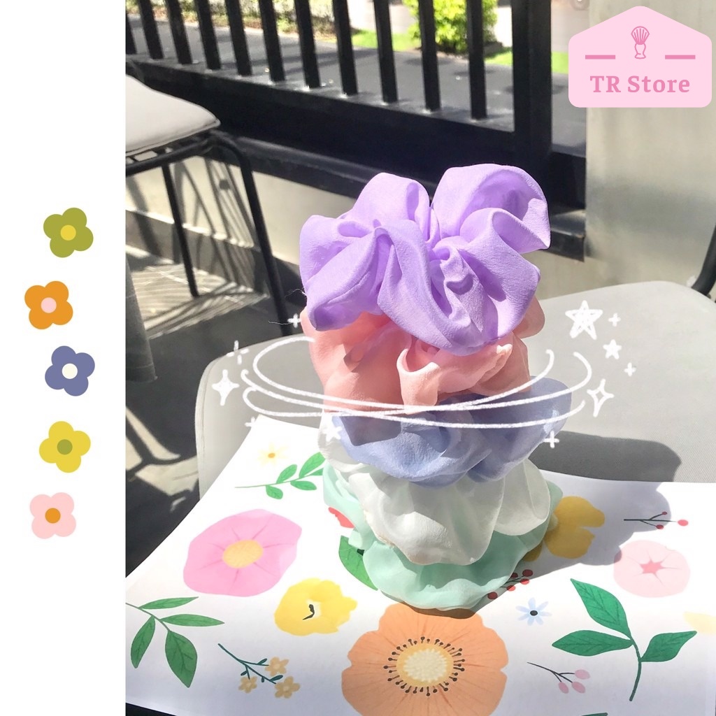 Scrunchies voan lụa gam màu Pastel dịu dàng buộc tóc