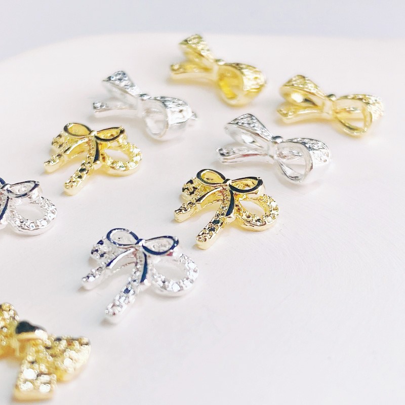 [Ảnh thật] Charm Nơ Kim Loại Vàng Bạc Đính Móng 3A