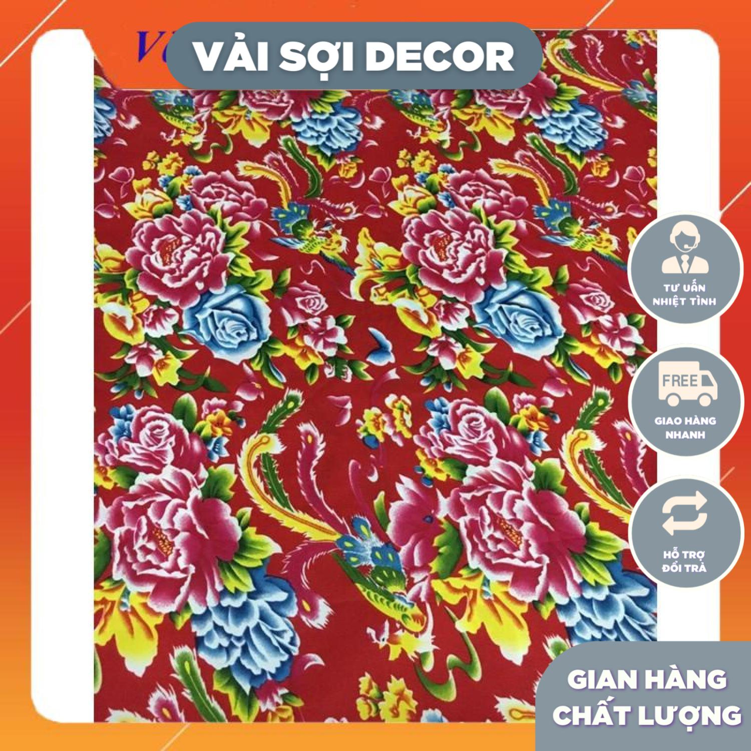 Vải chăn con công đơn đỏ Decor (khổ  1,6m)