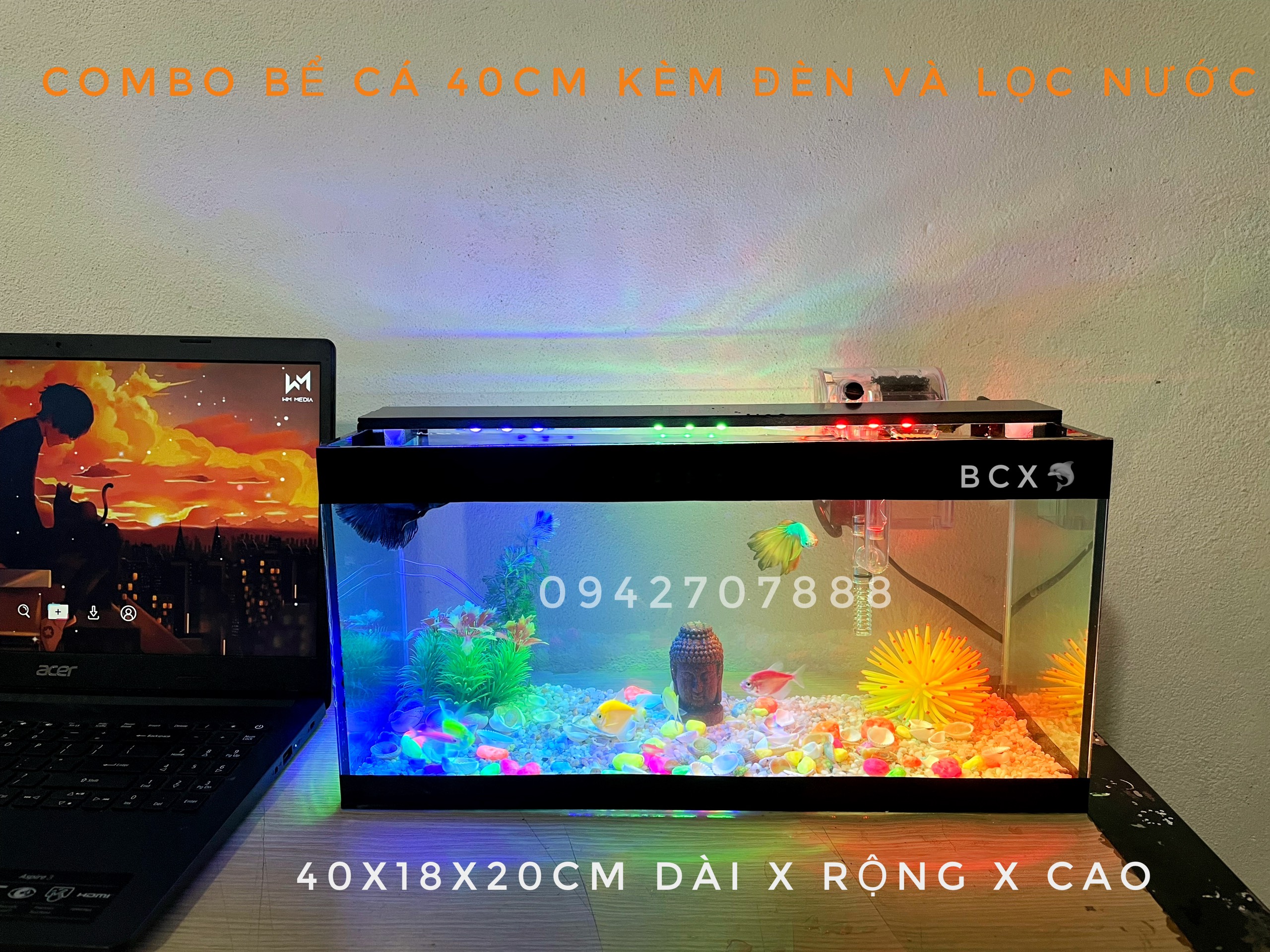 Bể cá mini để bàn 40cm FULL COMBO đầy đủ phụ kiện