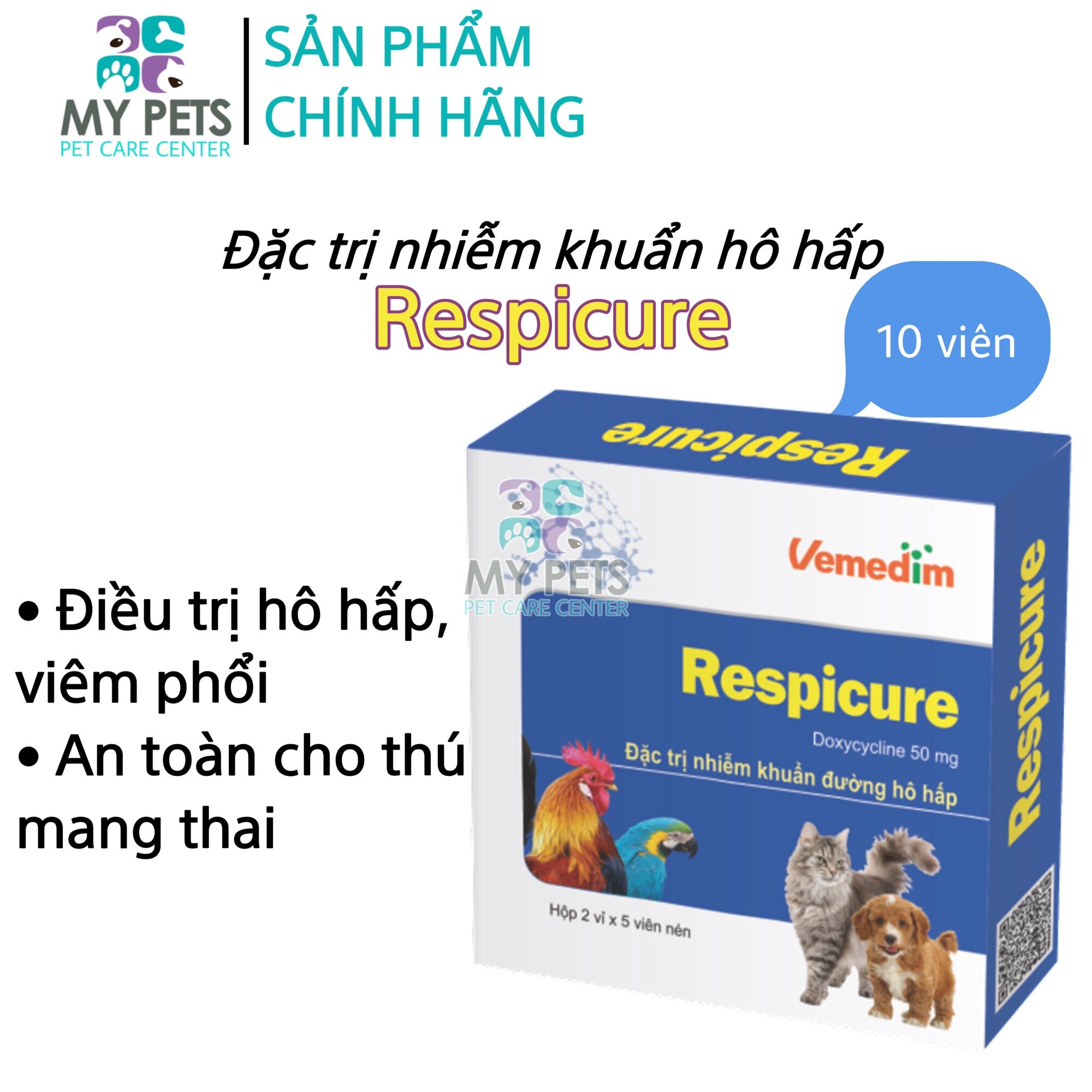 Các bệnh Nhiễm khuẩn đường ruột tiêu chảy phân xanh phân trắng cho chim cảnh gà đá - Respicure hộp 10 viên