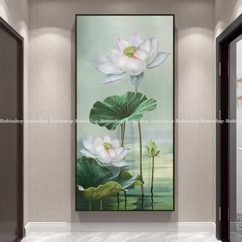 Tranh treo tường tráng gương hoa sen trắng 2 bo viền khung tặng kèm đinh treo