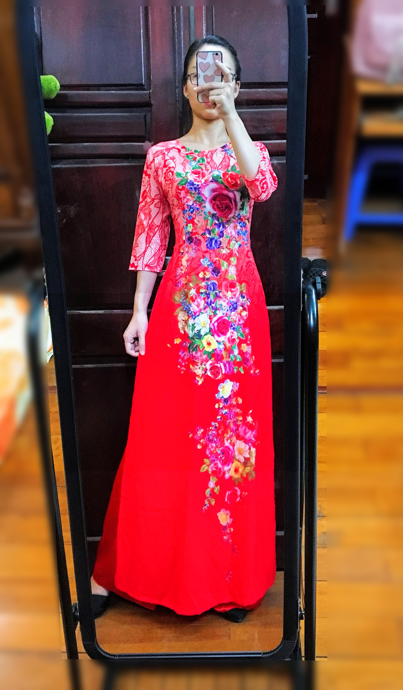 Áo dài lụa in hoa 3D kèm quần, áo dài may sẵn, áo dài nữ