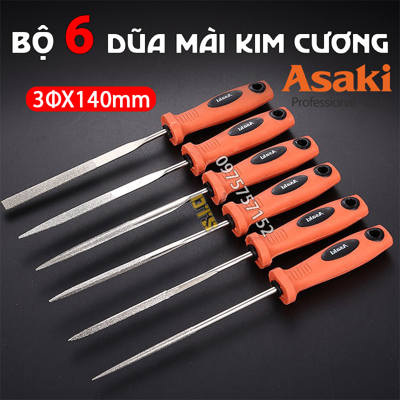 Bộ dũa kim cương mài kim loại 3x140mm Asaki AK-3901, bộ 6 giũa mài đa năng thép carbon T2 chống mài mòn, dũa hợp kim cao cấp, dũa dẹp tròn vuông bán nguyệt tam giác, giũa kim loại, dũa mini, dũa kim loại, dũa sắt