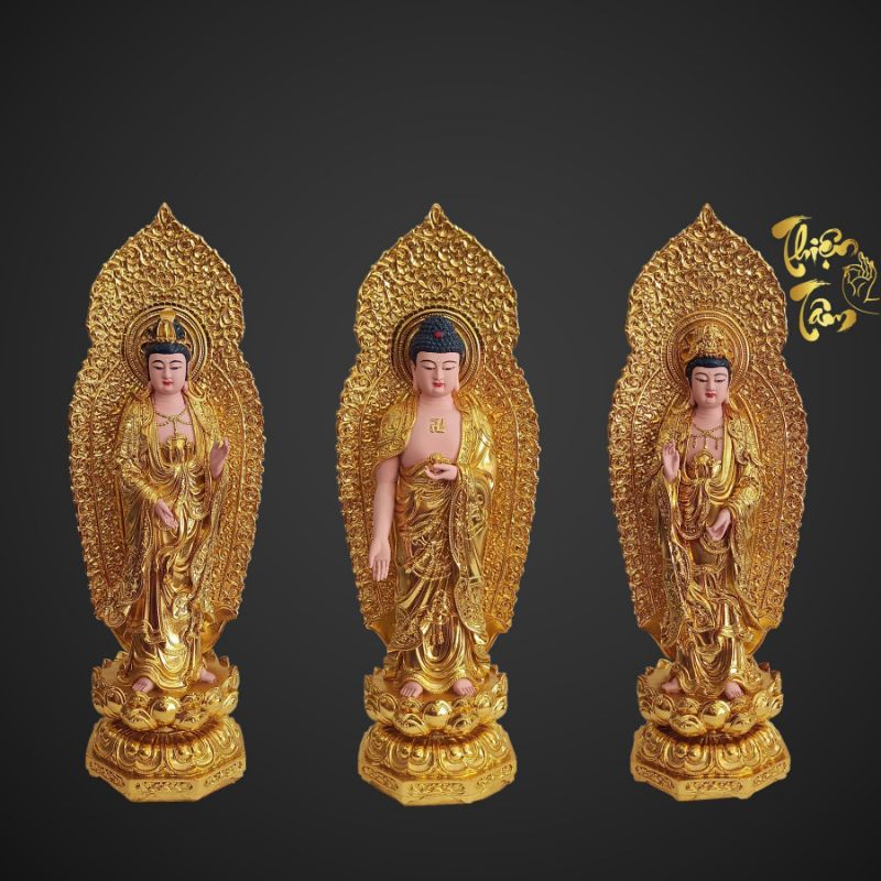 Tượng Tây Phương Tam Thánh Dát Vàng + Hào Quang đứng cao 47cm kích thước nhỏ vừa - Giác Vàng - mẫu tượng Đài Loan