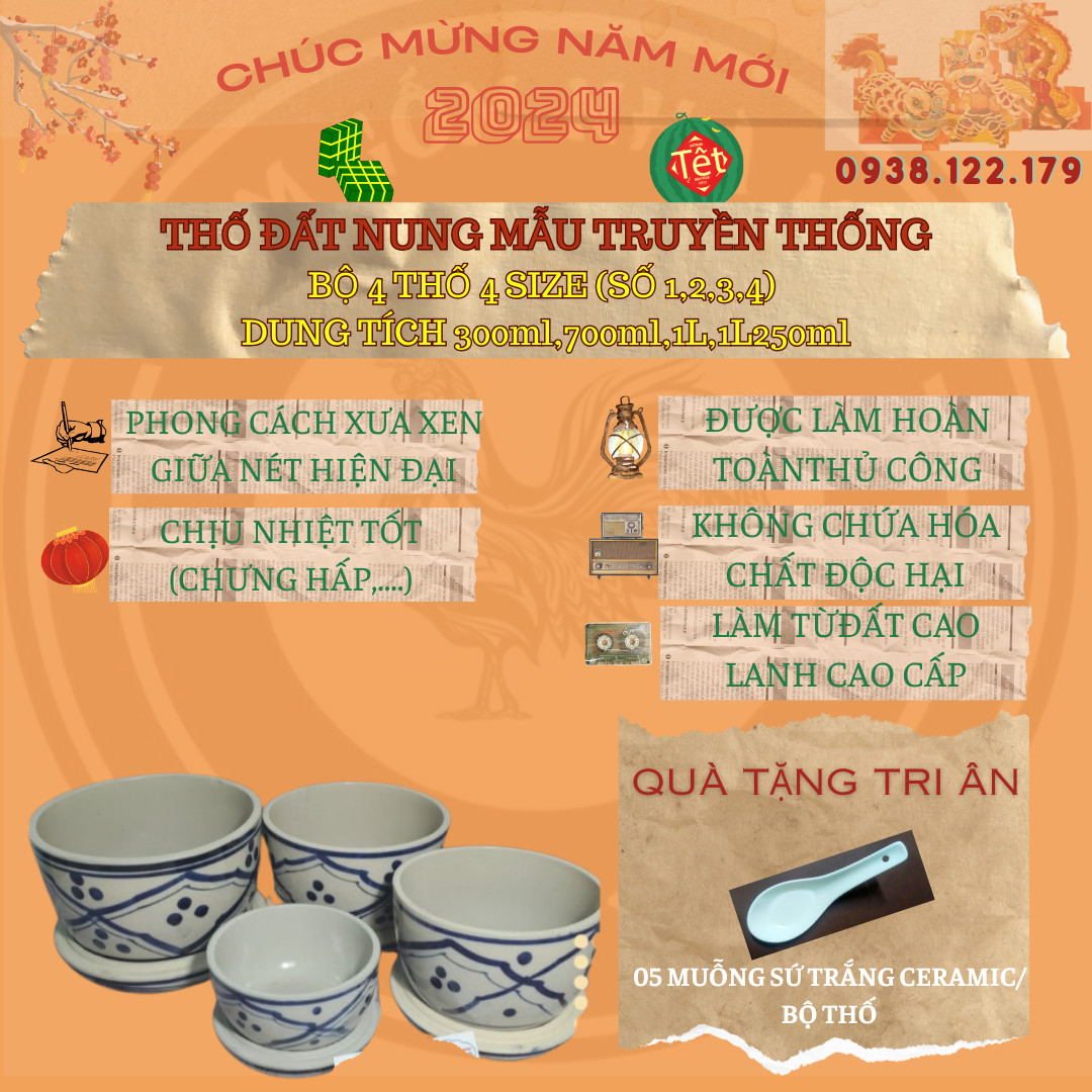 BỘ 4 THỐ HỦ ĐẤT NUNG TRUYỀN THỐNG (SIZE SỐ 1-2-3-4)