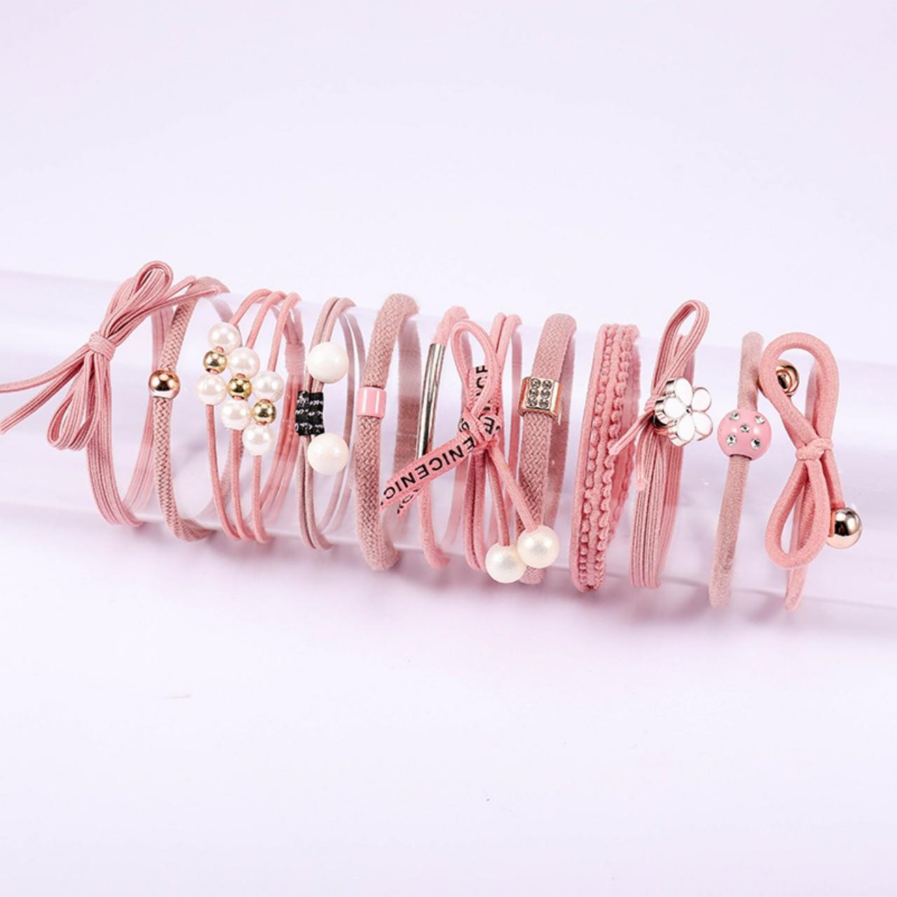Bộ 12 thun cột tóc Hàn Quốc siêu cute (Hồng nhạt - Gồm Hộp)