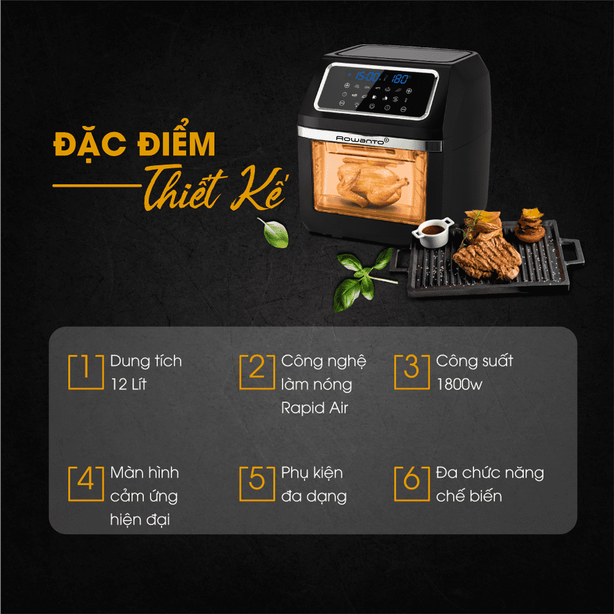 Nồi chiên không dầu, Nồi chiên không khí, máy chiên không dầu Rowanto AF1201 dung tích 12l màn hình cảm ứng LCD thiết kết thời trang vệ sinh dễ dàng Bảo hành 1 đổi 1