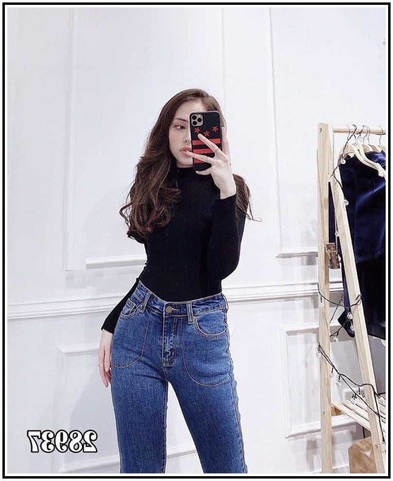 Quần jean nữ lưng cao PHỐI ĐƯỜNG CHỈ HÌNH TÚI BÊN NGOÀI MÀU XANH + ĐEN 2898 T3 -6